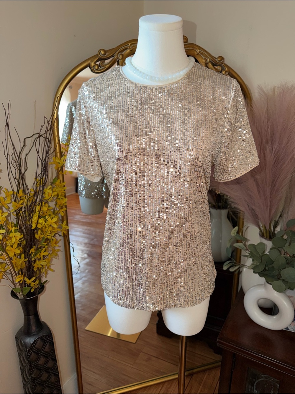 THE LIMITED Sequined Short-Sleeve Top in Champagne NWT